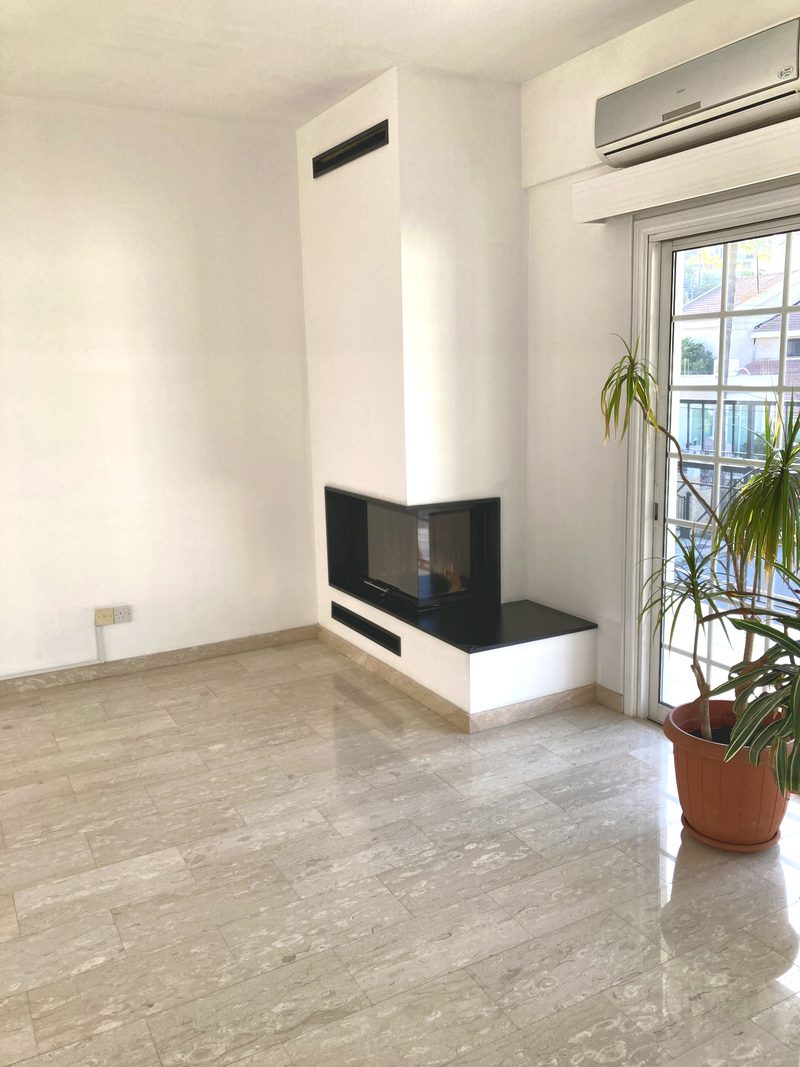 Close-up of the modern glass-fronted corner fireplace built into the living room wall